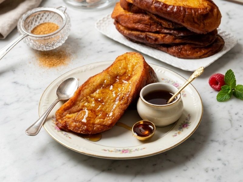 Torrijas de LA DUQUESITA, en Madrid. Hechas con pan brioche de mantequilla, infusionado en leche con ralladura de limón, vainilla de Madagascar y canela.