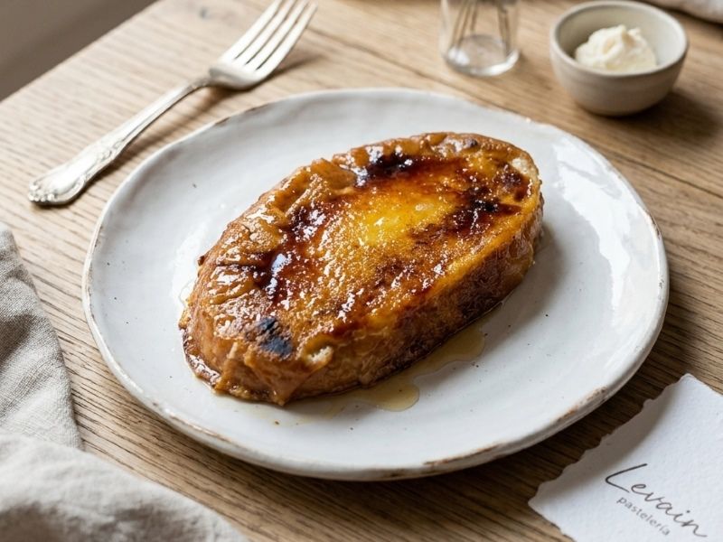 Torrijas de LEVAIN TAHONA ARTESANA, en Madrid. De pan brioche y crema de yemas, leche y nata, infusionado con cáscara de cítricos y canela, cubiertas de azúcar caramelizado.