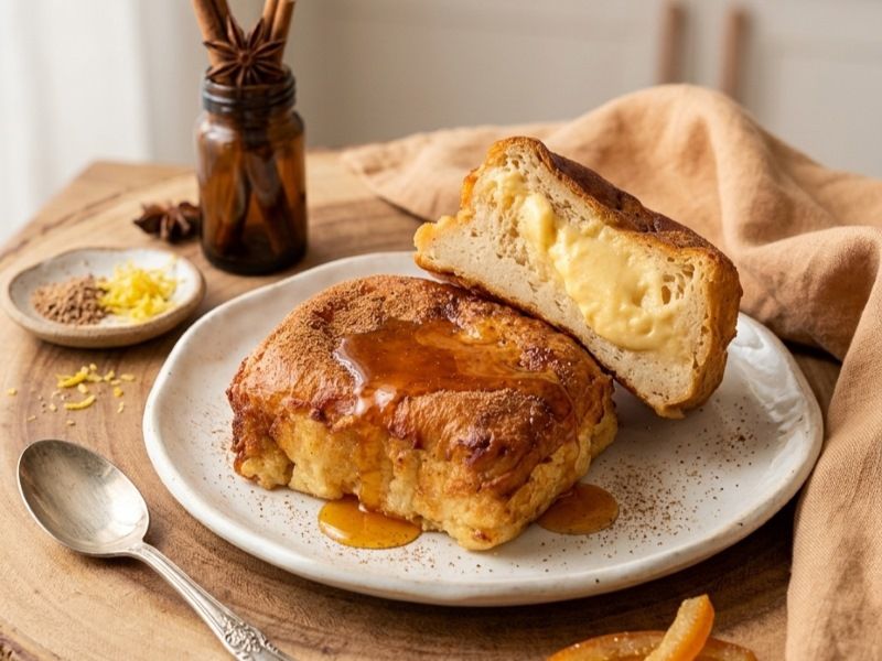 Torrijas de MADREAMIGA, Madrid De pan de brioche, empapado en infusión de leche, canela, nuez moscada y ralladura de limón. Rellenas de crema de mascarpone, horneadas y con almibar de naranjas confitadas.
