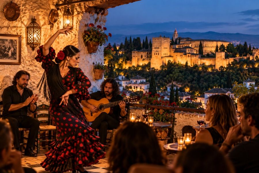 Flamenco al atardecer frente a la Alhambra
